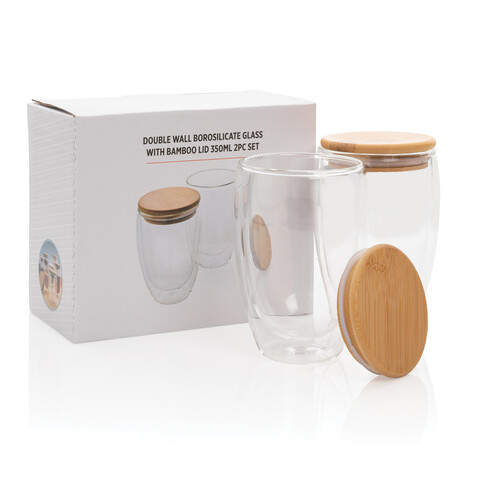 2-tlg Set Borosilikatgläser mit Bambusdeckel 350ml transparent bedrucken, Art.-Nr. P432.270