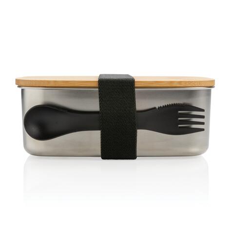 Stainless Steel Lunchbox mit Bambus-Deckel und Göffel silber bedrucken, Art.-Nr. P269.622