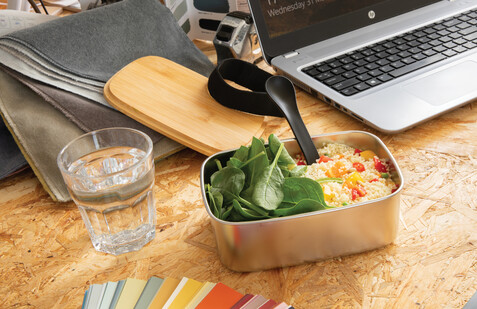 Stainless Steel Lunchbox mit Bambus-Deckel und Göffel silber bedrucken, Art.-Nr. P269.622