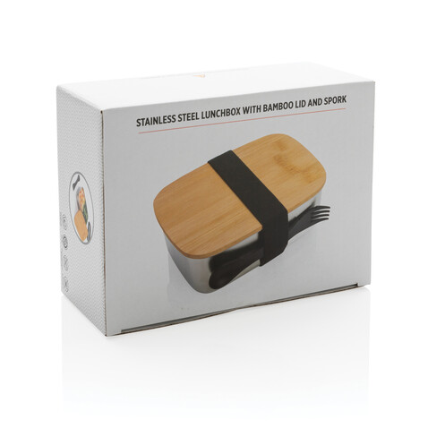 Stainless Steel Lunchbox mit Bambus-Deckel und Göffel silber bedrucken, Art.-Nr. P269.622