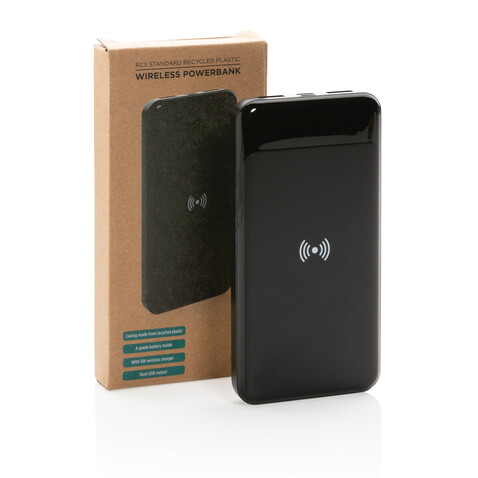 Wireless Powerbank aus RCS Standard recyceltem Kunststoff schwarz bedrucken, Art.-Nr. P322.671