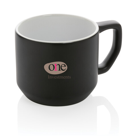 Moderne Keramiktasse, 350ml schwarz, weiß bedrucken, Art.-Nr. P434.041