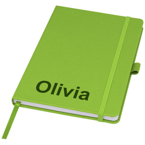 Honua A5 Notizbuch aus recyceltem Papier mit Cover aus recyceltem PET, Lindgrün bedrucken, Art.-Nr. 10776363
