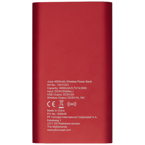 Juice 4000 mAh kabellose Powerbank, rot bedrucken, Art.-Nr. 12417221