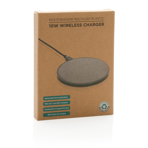 10W Wireless Charger aus RCS Standard recyceltem Kunststoff schwarz bedrucken, Art.-Nr. P308.661