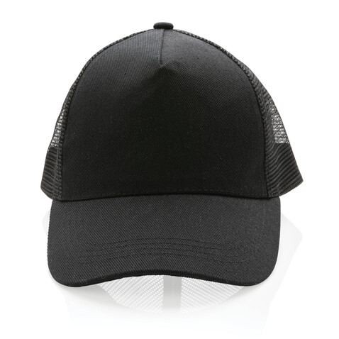 Impact AWARE™ 190gr Brushed rCotton 5 Panel Trucker-Cap schwarz bedrucken, Art.-Nr. P453.351
