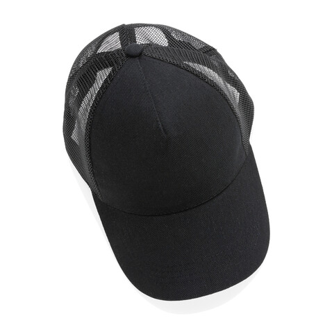 Impact AWARE™ 190gr Brushed rCotton 5 Panel Trucker-Cap schwarz bedrucken, Art.-Nr. P453.351