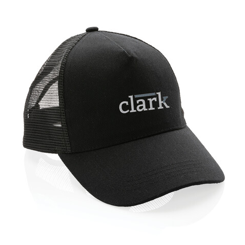 Impact AWARE™ 190gr Brushed rCotton 5 Panel Trucker-Cap schwarz bedrucken, Art.-Nr. P453.351