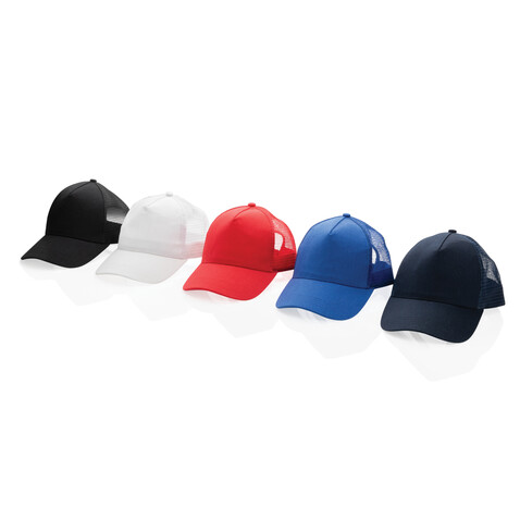 Impact AWARE™ 190gr Brushed rCotton 5 Panel Trucker-Cap schwarz bedrucken, Art.-Nr. P453.351