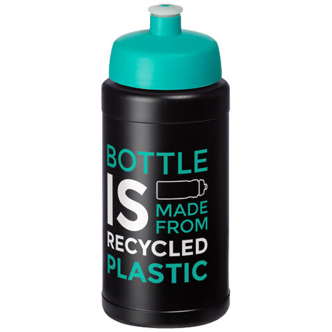 Baseline Recycelte Sportflasche, 500 ml, schwarz, aquablau bedrucken, Art.-Nr. 21044451