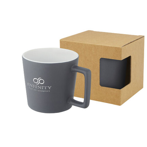 Cali 370 ml Keramiktasse mit matter Oberfläche, weiss, grau matt bedrucken, Art.-Nr. 10090001
