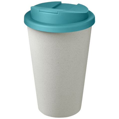Americano® Eco 350 ml recycelter Becher mit auslaufsicherem Deckel, aquablau, weiss bedrucken, Art.-Nr. 21042557