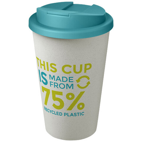 Americano® Eco 350 ml recycelter Becher mit auslaufsicherem Deckel, aquablau, weiss bedrucken, Art.-Nr. 21042557