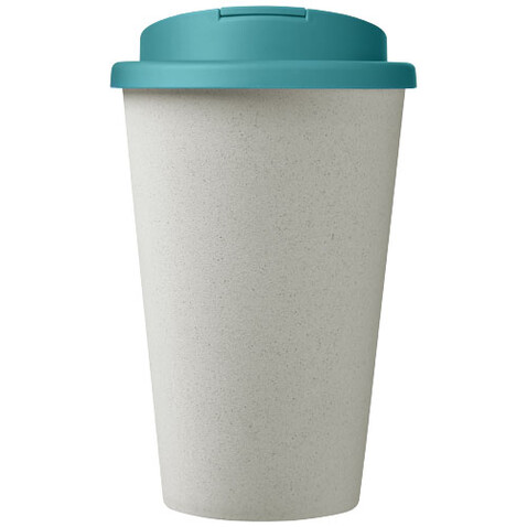 Americano® Eco 350 ml recycelter Becher mit auslaufsicherem Deckel, aquablau, weiss bedrucken, Art.-Nr. 21042557