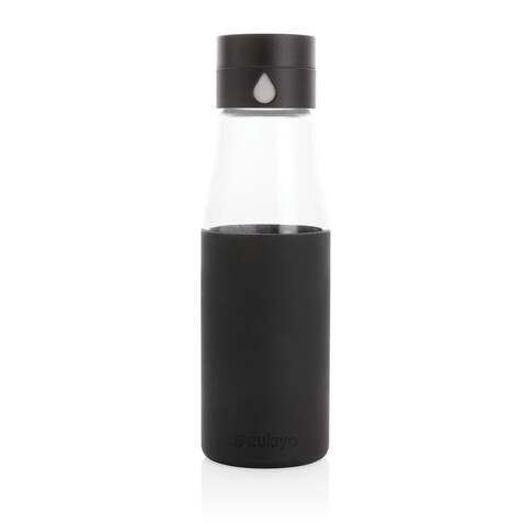 Ukiyo Trink-Tracking-Flasche aus Glas mit Hülle schwarz bedrucken, Art.-Nr. P436.721