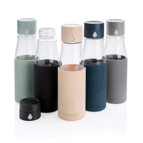 Ukiyo Trink-Tracking-Flasche aus Glas mit Hülle braun bedrucken, Art.-Nr. P436.729