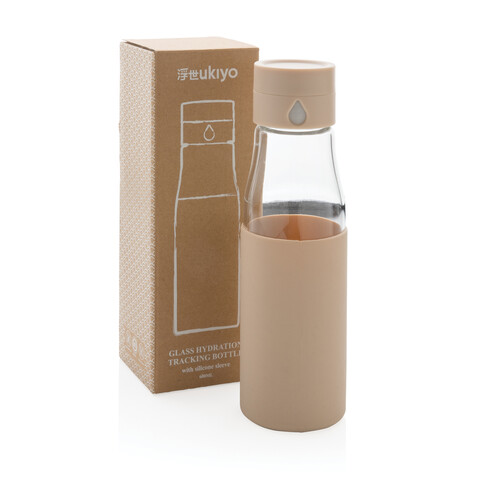 Ukiyo Trink-Tracking-Flasche aus Glas mit Hülle braun bedrucken, Art.-Nr. P436.729