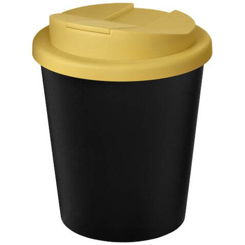 Americano® Espresso Eco 250 ml recycelter Isolierbecher mit auslaufsicherem Deckel, schwarz, gelb bedrucken, Art.-Nr. 21045503