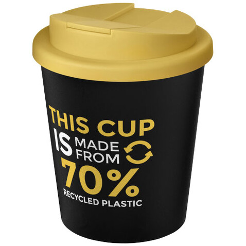 Americano® Espresso Eco 250 ml recycelter Isolierbecher mit auslaufsicherem Deckel, schwarz, gelb bedrucken, Art.-Nr. 21045503