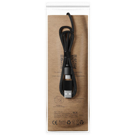 SCX.design C40 5-in-1 Ladekabel aus rPET mit 10W Ladepad und Leuchtlogo, holz, schwarz bedrucken, Art.-Nr. 1PX07371