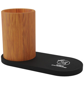 SCX.design W17 kabelloses 10W Ladepad mit Bambus-Stifthalter und Leuchtlogo, holz, schwarz bedrucken, Art.-Nr. 1PX07871