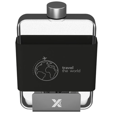 SCX.design D20 450 ml flache Tritan Wasserflasche mit Silikonhülle, metal, schwarz bedrucken, Art.-Nr. 1PX08082