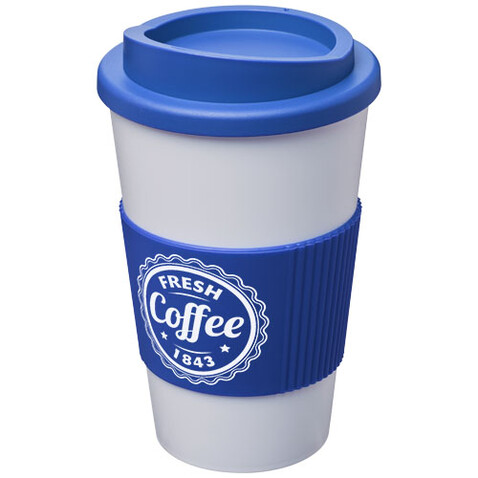 Americano® 350 ml Isolierbecher mit Schutzring, mittelblau, weiss bedrucken, Art.-Nr. 22000252