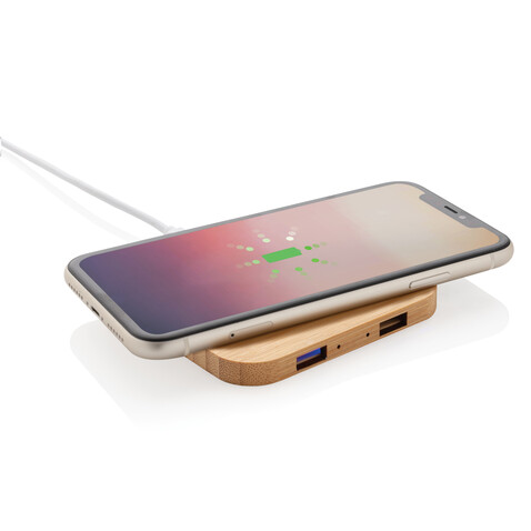 5W-Wireless-Charger aus Bambus mit USB braun bedrucken, Art.-Nr. P308.149