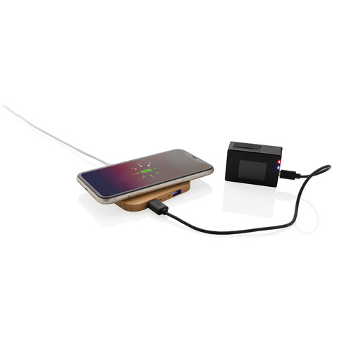 5W-Wireless-Charger aus Bambus mit USB braun bedrucken, Art.-Nr. P308.149