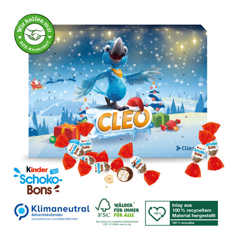 Adventskalender Kinder® Schoko-Bons, Klimaneutral, FSC®, Inlay aus 100% recyceltem Material bedrucken, Art.-Nr. 95208-W