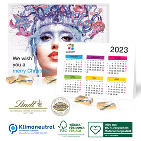 2 in 1 Adventskalender mit Jahresplaner Lindt Schokotäfelchen, Klimaneutral, FSC® bedrucken, Art.-Nr. 95331-W 2 in 1 Adventskalender mit Jahresplaner Lindt Schokotäfelchen, Klimaneutral, FSC® bedrucken, Art.-Nr. 95331-W