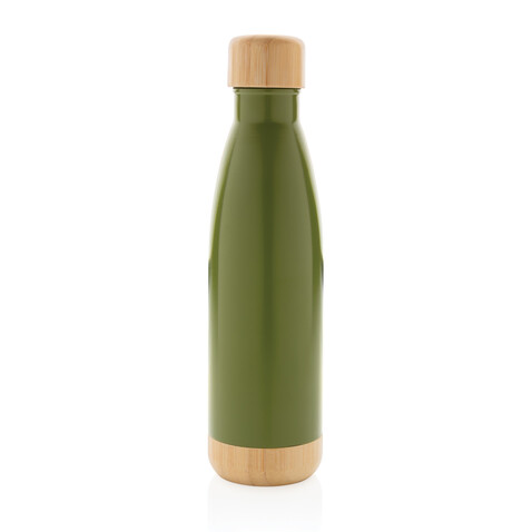 Vakuum Edelstahlfasche mit Deckel und Boden aus Bambus grün bedrucken, Art.-Nr. P436.797