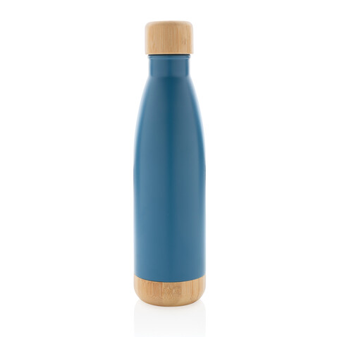 Vakuum Edelstahlfasche mit Deckel und Boden aus Bambus blau bedrucken, Art.-Nr. P436.795