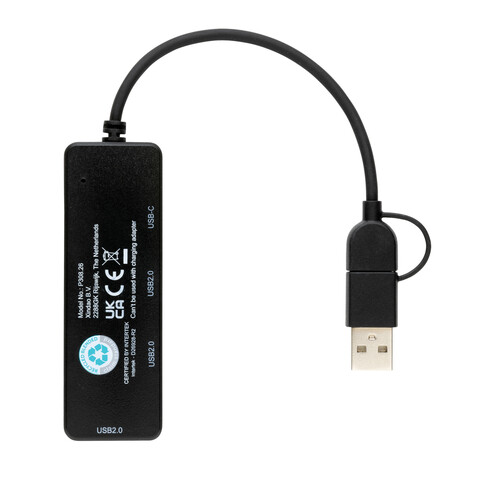 RCS recycelter USB-Hub mit Dual-Input schwarz bedrucken, Art.-Nr. P308.261