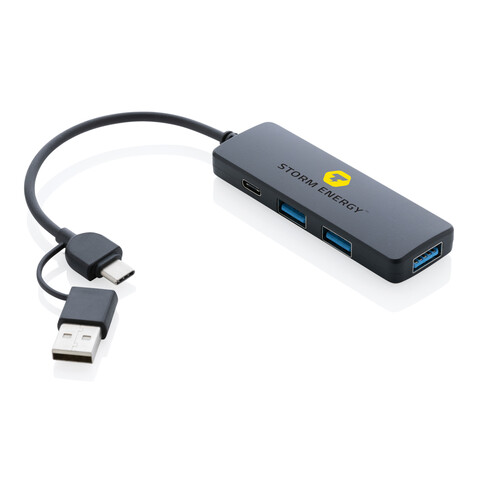 RCS recycelter USB-Hub mit Dual-Input schwarz bedrucken, Art.-Nr. P308.261