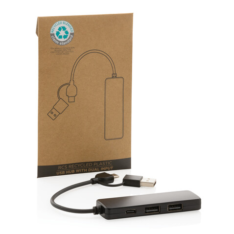 RCS recycelter USB-Hub mit Dual-Input schwarz bedrucken, Art.-Nr. P308.261