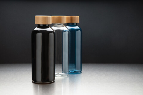 GRS rPET Flasche mit Bambus-Deckel blau bedrucken, Art.-Nr. P433.095
