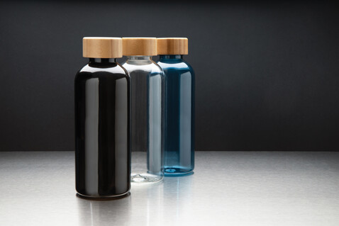 RCS rPET Flasche mit Bambus-Deckel transparent bedrucken, Art.-Nr. P433.090