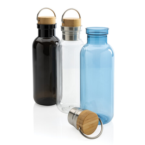 RCS rPET Flasche with Bambusdeckel und Griff blau bedrucken, Art.-Nr. P433.265