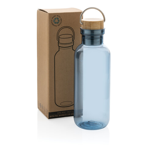 RCS rPET Flasche with Bambusdeckel und Griff blau bedrucken, Art.-Nr. P433.265