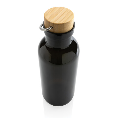 RCS rPET Flasche with Bambusdeckel und Griff schwarz bedrucken, Art.-Nr. P433.261