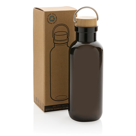RCS rPET Flasche with Bambusdeckel und Griff schwarz bedrucken, Art.-Nr. P433.261