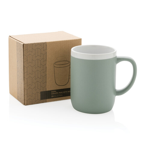 Keramiktasse mit weißem Rand, 300ml grün, weiß bedrucken, Art.-Nr. P434.097