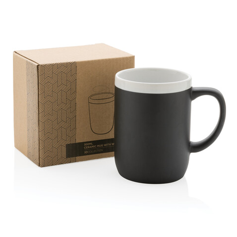 Keramiktasse mit weißem Rand, 300ml schwarz, weiß bedrucken, Art.-Nr. P434.091