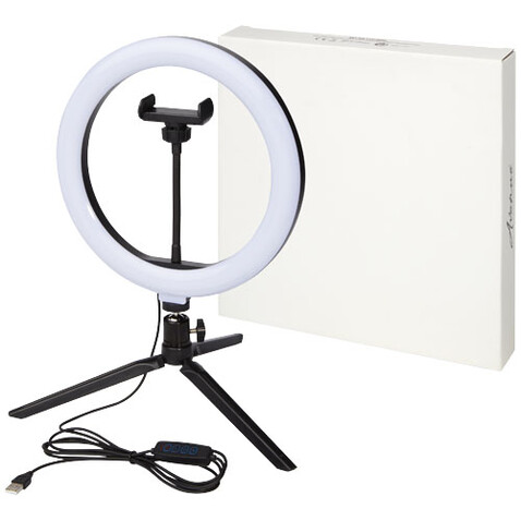 Studio Ringleuchte für Selfies und Vlogging mit Telefonhalterung und Stativ, schwarz bedrucken, Art.-Nr. 12424890