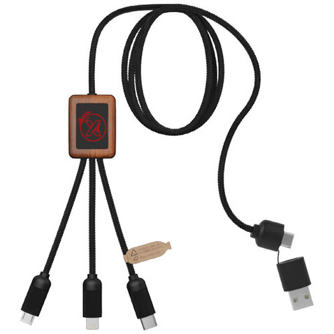 SCX.design C38 40W 5-in-1 Ladekabel aus rPET in quadratischem Bambusgehäuse mit Leuchtlogo, rot, holz bedrucken, Art.-Nr. 2PX07221