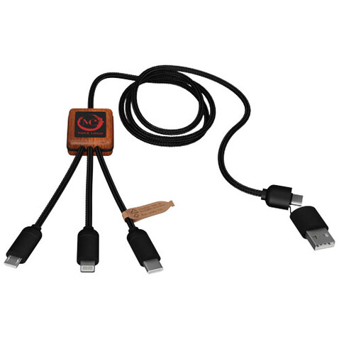 SCX.design C38 40W 5-in-1 Ladekabel aus rPET in quadratischem Bambusgehäuse mit Leuchtlogo, rot, holz bedrucken, Art.-Nr. 2PX07221