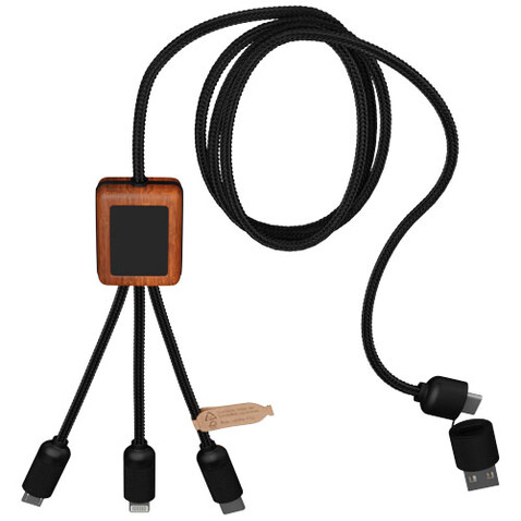 SCX.design C38 40W 5-in-1 Ladekabel aus rPET in quadratischem Bambusgehäuse mit Leuchtlogo, rot, holz bedrucken, Art.-Nr. 2PX07221
