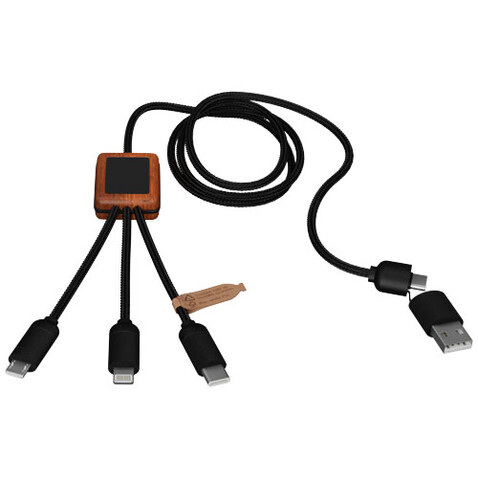 SCX.design C38 40W 5-in-1 Ladekabel aus rPET in quadratischem Bambusgehäuse mit Leuchtlogo, rot, holz bedrucken, Art.-Nr. 2PX07221