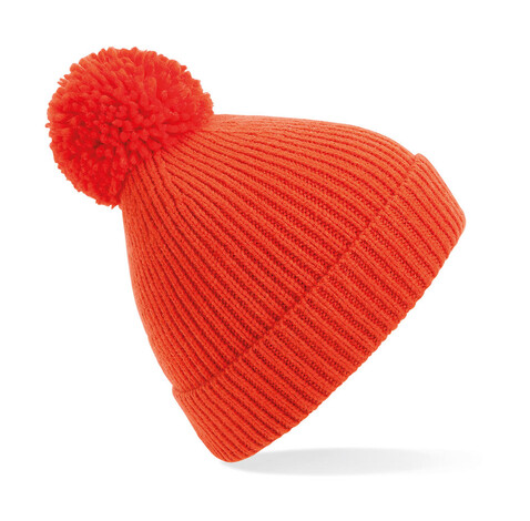 Beechfield Engineered Knit Ribbed Pom Pom Beanie, Fire Red, One Size bedrucken, Art.-Nr. 914694120